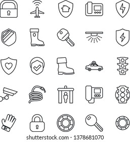 Thin Line Icon Set - plane radar vector, security gate, alarm car, glove, boot, hose, heart shield, traffic light, protect, lock, key, intercome, home, surveillance, sprinkler, crisis management