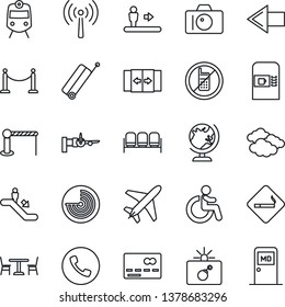 Thin Line Icon Set - plane vector, antenna, fence, suitcase, barrier, cafe, coffee machine, automatic door, train, escalator, phone, no mobile, smoking place, waiting area, credit card, bomb in case
