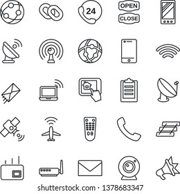 Thin Line Icon Set - plane radar vector, wireless notebook, mail, 24 hours, satellite antenna, remote control, network, cell phone, chain, mobile, call, clipboard, paper tray, open close, router