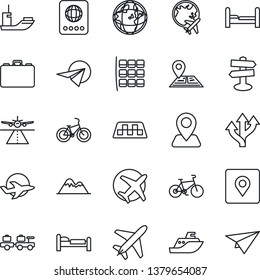 Thin Line Icon Set - plane vector, runway, taxi, passport, bed, baggage larry, seat map, globe, case, bike, route, signpost, navigation, sea shipping, place tag, mountains, bedroom, earth, paper