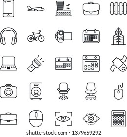 Thin Line Icon Set - plane vector, airport building, office chair, mouse, notebook pc, bike, satellite, term, camera, video, cell phone, headphones, speaker, calendar, torch, eye id, case, radiator