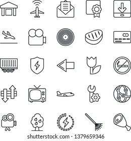 Thin Line Icon Set - plane radar vector, arrival, no smoking, tv, credit card, left arrow, rake, truck trailer, tulip, warehouse, vinyl, video camera, network, mail, protect, data exchange, download