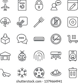 Thin Line Icon Set - plane radar vector, no mobile, smoking, lock, document reload, farm fork, ripper, lawn mower, lady bug, trolley, warehouse, package, reel, dialog, speaker, rec button, notes