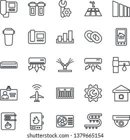 Thin Line Icon Set - plane radar vector, identity card, drip irrigation, sorting, barcode, chain, root setup, air conditioner, smart home, water heater, intercome, control app, filter, warm floor
