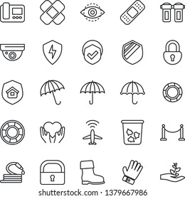 Thin Line Icon Set - plane radar vector, fence, umbrella, trash bin, glove, boot, hose, patch, heart hand, shield, protect, lock, eye id, estate insurance, intercome, water filter, surveillance