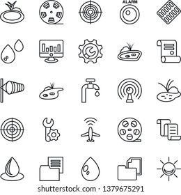 Thin Line Icon Set - plane radar vector, wind, contract, statistic monitor, water drop, pond, pills blister, folder document, reel, antenna, root setup, target, supply, alarm led