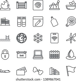 Thin Line Icon Set - plane vector, lock, book, calendar, water drop, broken bone, container, flammable, notes, fingerprint id, point graph, notebook pc, pool, sold signboard, office building, salad