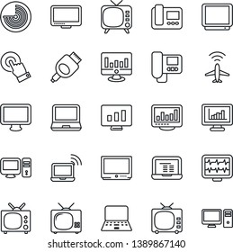 Thin Line Icon Set - plane radar vector, wireless notebook, pc, statistic monitor, pulse, tv, touch screen, laptop, hdmi, statistics, intercome