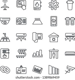Thin Line Icon Set - plane radar vector, security gate, identity card, drip irrigation, sorting, barcode, chain, root setup, air conditioner, smart home, water heater, intercome, control app, filter
