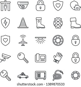 Thin Line Icon Set - plane radar vector, security gate, alarm car, border cone, safe, lock, glove, boot, hose, heart shield, traffic light, protect, key, intercome, home, surveillance, sprinkler