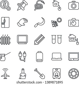Thin Line Icon Set - plane radar vector, camera, job, pencil, glove, hose, sickle, blood test vial, tv, speaker, paper pin, low battery, rca, themes, notebook pc, sun panel, heater, fridge