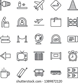 Thin Line Icon Set - plane vector, fence, suitcase, departure, airport bus, hot cup, escalator, alarm clock, smoking place, signpost, tv, ticket, baby room, reception, office, globe, left arrow