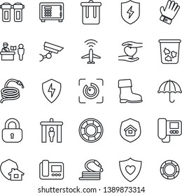 Thin Line Icon Set - plane radar vector, passport control, security gate, trash bin, safe, glove, boot, hose, heart shield, hand, umbrella, protect, eye id, lock, estate insurance, intercome, home