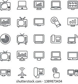 Thin Line Icon Set - plane radar vector, wireless notebook, pc, statistic monitor, pulse, tv, touch screen, laptop, statistics, intercome