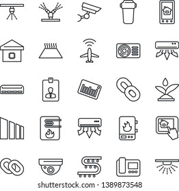 Thin Line Icon Set - plane radar vector, identity card, drip irrigation, sorting, barcode, chain, air conditioner, smart home, water heater, intercome, control app, filter, warm floor, surveillance
