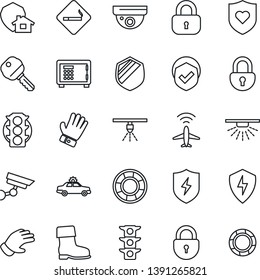 Thin Line Icon Set - plane radar vector, smoking place, alarm car, safe, lock, glove, boot, heart shield, traffic light, protect, key, home, surveillance, sprinkler, crisis management