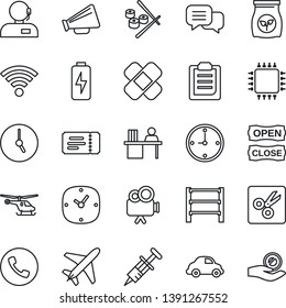 Thin Line Icon Set - plane vector, phone, ticket, helicopter, fertilizer, syringe, patch, car delivery, rack, loudspeaker, video camera, dialog, clock, wireless, cut, charge, clipboard, support