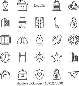 Thin Line Icon Set - plane vector, office building, pennant, money bag, house, sun, heart shield, lungs, joint, ink pen, chair, book, plan, city, ladle, water, police, fridge, clock, paper