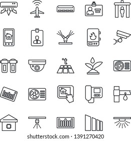 Thin Line Icon Set - plane radar vector, security gate, identity card, drip irrigation, sorting, barcode, air conditioner, smart home, water heater, intercome, control app, filter, warm floor