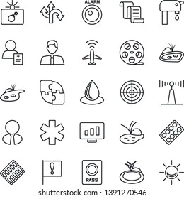 Thin Line Icon Set - plane radar vector, bomb in case, passport, contract, statistic monitor, water drop, pond, pills blister, ambulance star, patient, route, important flag, reel, antenna, target