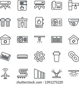 Thin Line Icon Set - plane radar vector, security gate, drip irrigation, sorting, barcode, chain, root setup, air conditioner, smart home, water heater, intercome, filter, surveillance, sprinkler