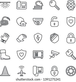 Thin Line Icon Set - plane radar vector, border cone, safe, glove, boot, hose, heart shield, traffic light, protect, lock, key, intercome, home, surveillance, sprinkler, crisis management