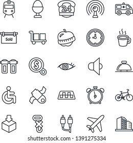 Thin Line Icon Set - plane vector, taxi, train, alarm clock, reception bell, ambulance car, bike, disabled, eye, diet, satellite, 24 hours, cargo, no hook, package, antenna, speaker, rca, coffee
