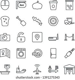 Thin Line Icon Set - plane radar vector, fence, camera, fork loader, mouse, crisis graph, coffee, job, stamp, pumpkin, seeds, tomography, sea shipping, heavy scales, route, jack connector, place tag
