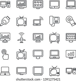 Thin Line Icon Set - plane radar vector, wireless notebook, pc, statistic monitor, pulse, tv, touch screen, laptop, hdmi, statistics, intercome