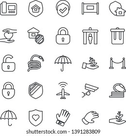 Thin Line Icon Set - plane radar vector, fence, security gate, trash bin, lock, glove, hose, heart shield, hand, umbrella, estate insurance, intercome, home protect, surveillance, palm sproute