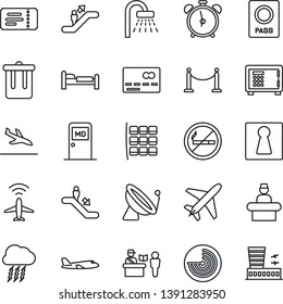 Thin Line Icon Set - plane vector, radar, satellite antenna, fence, arrival, passport control, escalator, alarm clock, no smoking, trash bin, female, credit card, ticket, reception, bed, shower