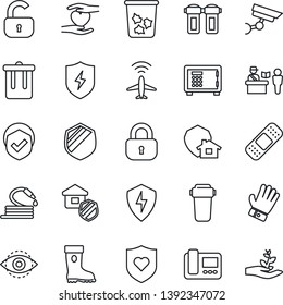 Thin Line Icon Set - plane radar vector, passport control, trash bin, safe, glove, boot, hose, patch, heart shield, hand, protect, eye id, lock, estate insurance, intercome, water filter, home