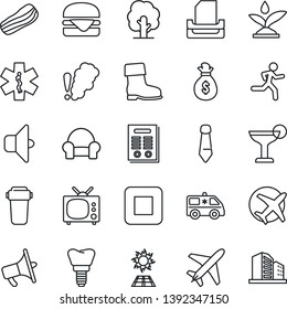 Thin Line Icon Set - plane vector, tie, tree, boot, ambulance star, car, run, implant, loudspeaker, stop button, paper tray, contract, cushioned furniture, tv, cocktail, bacon, hamburger, irrigation