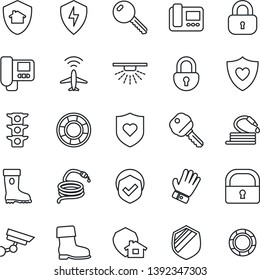 Thin Line Icon Set - plane radar vector, glove, boot, hose, heart shield, traffic light, protect, lock, key, intercome, home, surveillance, sprinkler, crisis management