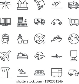 Thin Line Icon Set - plane vector, airport tower, runway, taxi, departure, arrival, baggage conveyor, train, building, ambulance car, earth, sea shipping, truck trailer, delivery, port, fragile