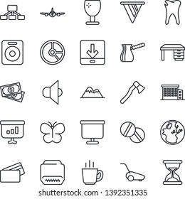 Thin Line Icon Set - plane vector, desk, circle chart, lawn mower, butterfly, axe, pills, caries, cash, fragile, speaker, hdmi, download, presentation board, mountains, office building, coffee