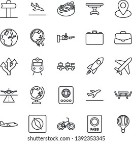 Thin Line Icon Set - plane vector, runway, departure, arrival, train, passport, globe, baggage larry, boarding, case, picnic table, bike, route, signpost, pin, compass, rocket, earth, air balloon