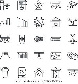 Thin Line Icon Set - plane radar vector, security gate, drip irrigation, sorting, barcode, chain, root setup, air conditioner, smart home, water heater, control app, filter, warm floor, surveillance