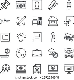 Thin Line Icon Set - plane vector, phone, female, boarding, manager, desk, cash, heavy scales, barcode, folder, cut, calendar, copybook, drawing pin, stapler, house, estate document, insurance, case