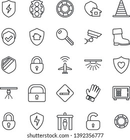 Thin Line Icon Set - plane radar vector, security gate, smoking place, border cone, safe, lock, glove, boot, heart shield, traffic light, protect, key, home, surveillance, sprinkler