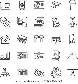 Thin Line Icon Set - plane radar vector, identity card, drip irrigation, sorting, barcode, chain, root setup, air conditioner, smart home, water heater, intercome, control app, filter, warm floor