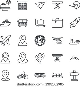 Thin Line Icon Set - plane vector, taxi, suitcase, baggage trolley, airport bus, helicopter, flight table, luggage scales, picnic, bike, route, navigation, pin, sea shipping, place tag, mountains
