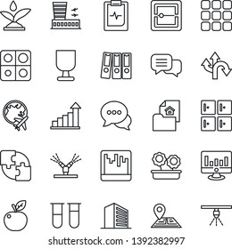 Thin Line Icon Set - plane globe vector, airport building, checkroom, office, growth statistic, monitor, blood test vial, pulse clipboard, route, navigation, fragile, dialog, menu, scanner