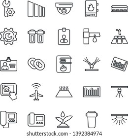 Thin Line Icon Set - plane radar vector, identity card, drip irrigation, sorting, barcode, chain, root setup, air conditioner, water heater, intercome, home control app, filter, warm floor