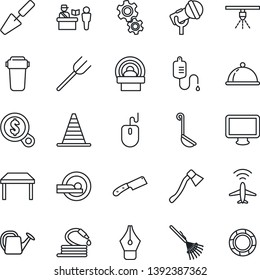 Thin Line Icon Set - plane radar vector, passport control, border cone, mouse, trowel, farm fork, rake, watering can, hose, axe, dropper, tomography, microphone, monitor, ink pen, table, dish, ladle