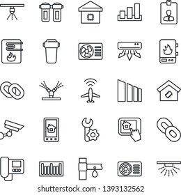 Thin Line Icon Set - plane radar vector, identity card, drip irrigation, sorting, barcode, chain, root setup, air conditioner, smart home, water heater, intercome, control app, filter, surveillance