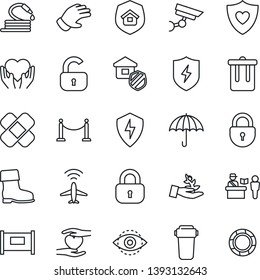Thin Line Icon Set - plane radar vector, fence, passport control, trash bin, lock, glove, boot, hose, patch, heart shield, hand, umbrella, protect, eye id, estate insurance, water filter