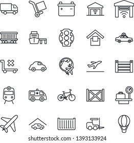 Thin Line Icon Set - plane vector, departure, train, alarm car, fork loader, luggage scales, globe, ambulance, bike, railroad, traffic light, cargo container, delivery, sea port, warehouse storage