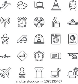 Thin Line Icon Set - plane vector, airport tower, antenna, baggage trolley, spoon and fork, train, escalator, alarm clock, smoking place, ticket, car, wireless notebook, baby, room, reception, stamp