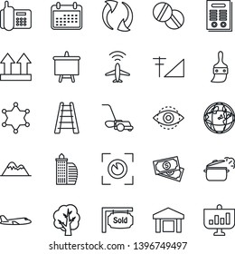 Thin Line Icon Set - plane radar vector, presentation board, ladder, tree, lawn mower, pills, cash, office phone, up side sign, warehouse, update, themes, eye id, cellular signal, contract, building